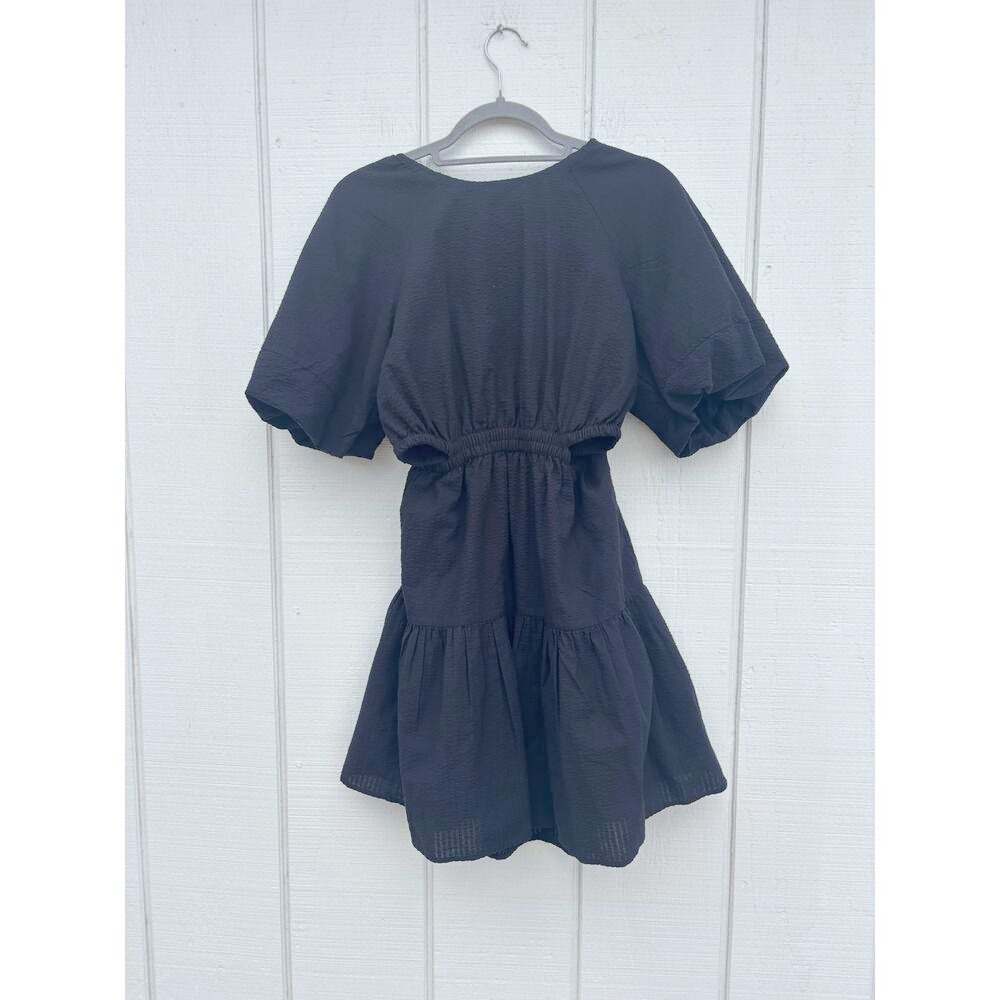 NWT Madewell Seersucker Black Dress, Puff Sleeves, Open‎ Lower Back, Sz S - Picture 2 of 12